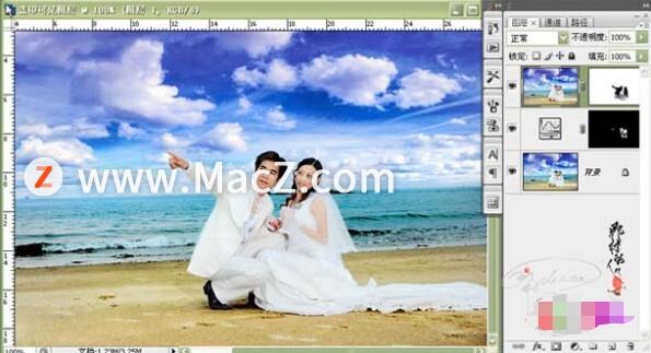 PS新手教程-如何使用PS打造视野开阔效果的沙滩海景婚纱照图片