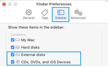 在 Mac 上显示外部磁盘和 iOS 设备