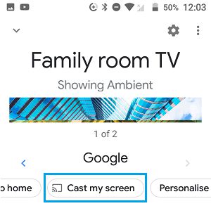 Google Home 应用中的“投射我的屏幕”选项